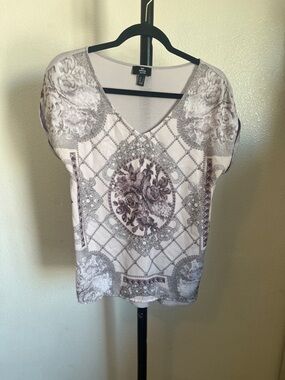 Mango Lavendar and Cream Floral Medallion V-Neck Blouse